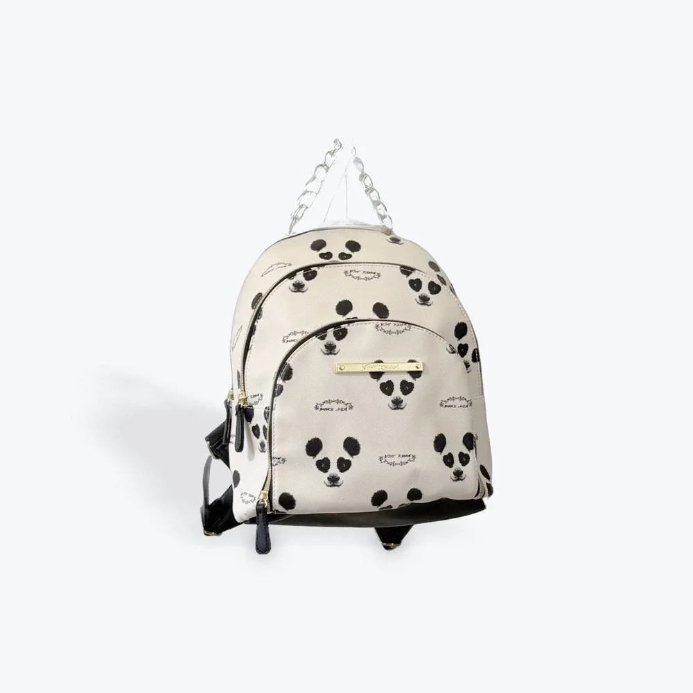 Betsey Johnson Panda Print Mini Backpack White Black Gold Chain Handle Floral
